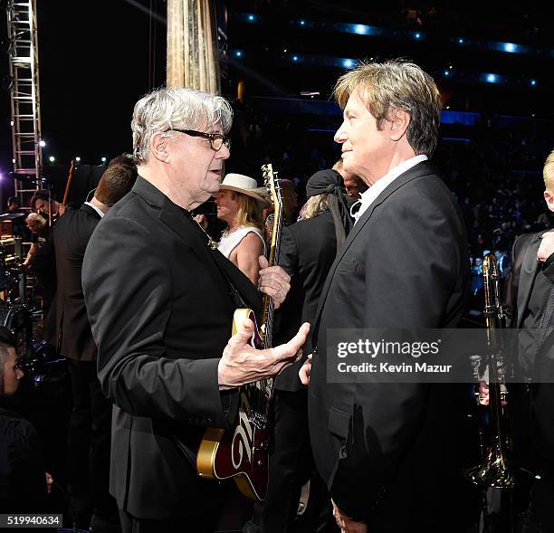 Steve Miller and Robert Lamm attend 31st Annual Rock And Roll Hall Of Fame Induction Ceremony at Barclays Center of Brooklyn on April 8, 2016 in New...