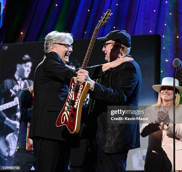 Steve Miller and Rick Nielsen of Cheap Trick onstage during 31st Annual Rock And Roll Hall Of Fame Induction Ceremony at Barclays Center of Brooklyn...