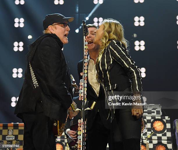 Rick Nielsen of Cheap Trick, Rob Thomas and Sheryl Crow perform onstage during 31st Annual Rock And Roll Hall Of Fame Induction Ceremony at Barclays...