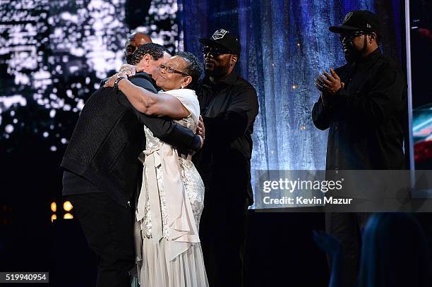 Yella nad Eazy-E's mother Katie Wright speaks onstage during 31st Annual Rock And Roll Hall Of Fame Induction Ceremony at Barclays Center of Brooklyn...