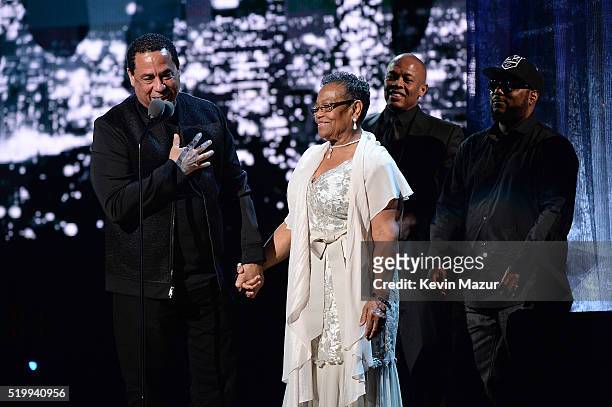 Yella and Eazy-E's mother Katie Wright speaks onstage during 31st Annual Rock And Roll Hall Of Fame Induction Ceremony at Barclays Center of Brooklyn...