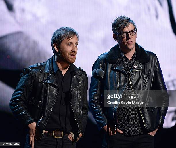 Patrick Carney and Dan Aurerbach of The Black Keys speak onstage during 31st Annual Rock And Roll Hall Of Fame Induction Ceremony at Barclays Center...