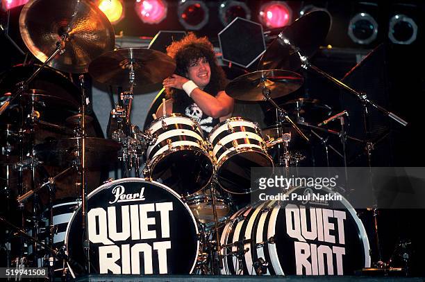 American Rock band Quiet Riot performs onstage at Reunion Arena, Dallas, Texas, October 21, 1984. Pictured is drummer Frankie Banali.