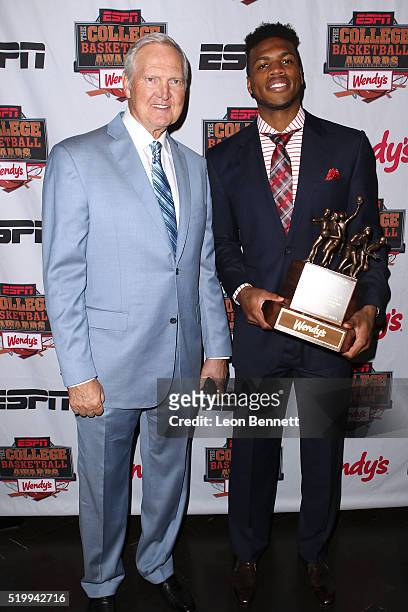 Legend Jerry West and Buddy Hield winner of the John R. Wooden MenÕs Player of the Year Award attends the 2016 College Basketball Awards Presented By...