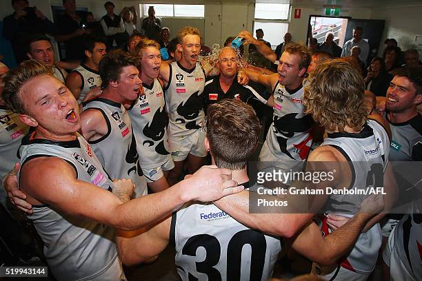 North Ballarat celebrate in the dressing rooms following victory in the round one VFL match between Coburg and North Ballarat at Piranha Park on...