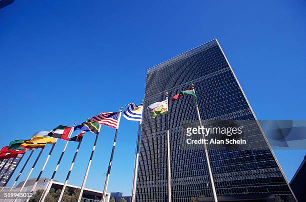 international flags fronting united nations building - organização das nações unidas - fotografias e filmes do acervo