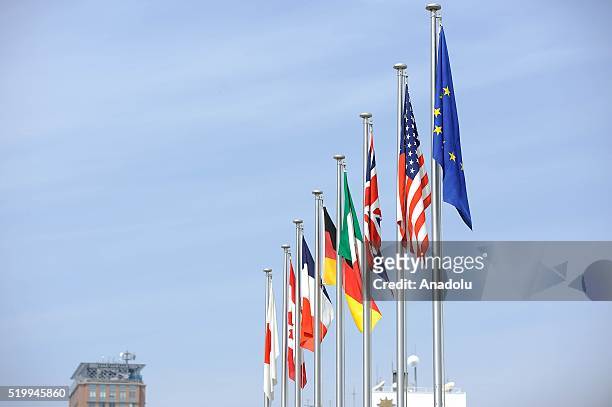 Flags of G7 countries, Japan, Canada, France, Germany, Italy, Britain, U.S., together with EU flag are seen at the Peace Memorial Center as G7...