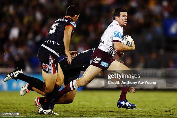 Jamie Lyon of the Sea Eagles makes a break during the round six NRL match between the New Zealand Warriors and the Manly Sea Eagles at Mt Smart...