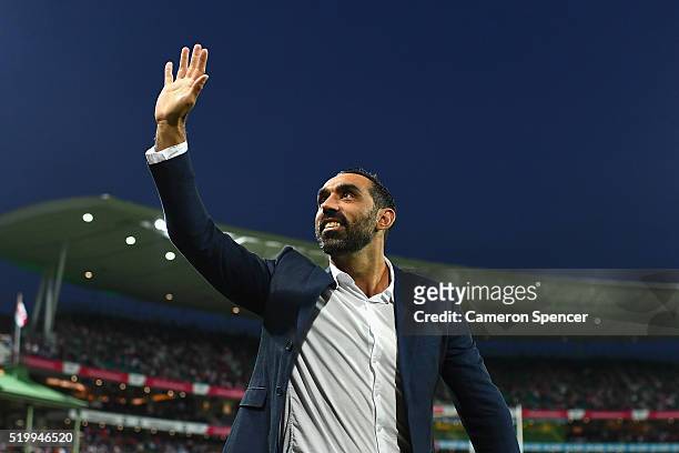 Former Swans player Adam Goodes thanks the crowd during a lap of honour during the round three AFL match between the Sydney Swans and the Greater...