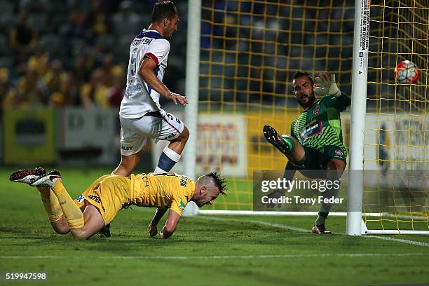 Roy O'Donovan of the Mariners scores a goal with his head during the round 27 A-League match between the Central Coast Mariners and the Newcastle...