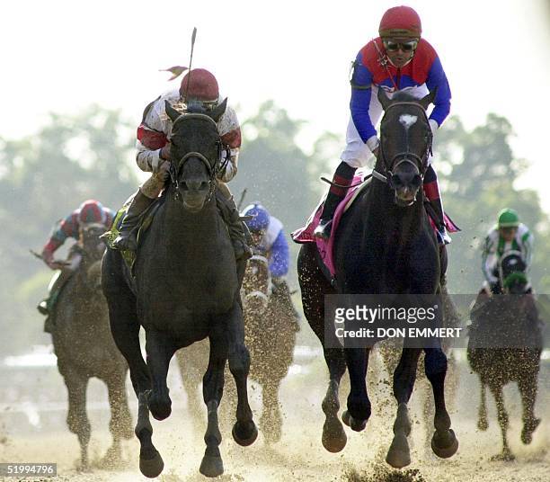 Sarava with jockey Edgar Prado crosses the finish line ahead of Medaglia d'Oro to win the 134th Belmont Stakes 08 June in Elmont, NY. Triple Crown...