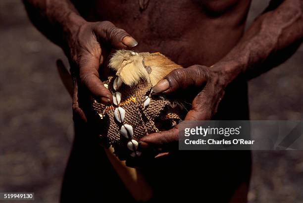 dani tribesman holding cowrie shells - kaurischnecke stock-fotos und bilder