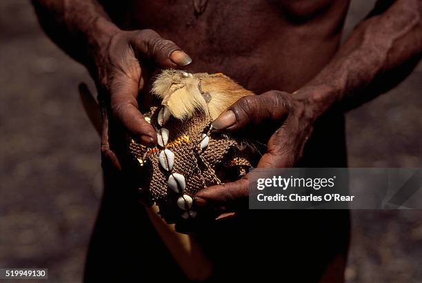 dani tribesman holding cowrie shells - cowrie shell stock pictures, royalty-free photos & images