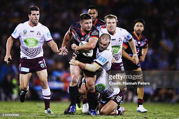 Jacob Lillyman of the Warriors charges forward during the round six NRL match between the New Zealand Warriors and the Manly Sea Eagles at Mt Smart...