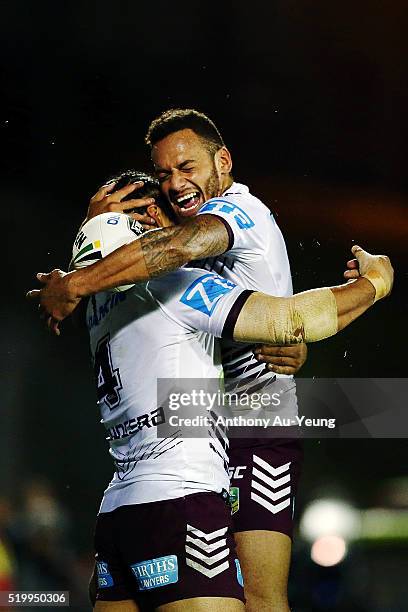 Apisai Koroisau and Steve Matai of the Sea Eagles celebrate a try during the round six NRL match between the New Zealand Warriors and the Manly Sea...