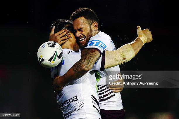 Apisai Koroisau and Steve Matai of the Sea Eagles celebrate a try during the round six NRL match between the New Zealand Warriors and the Manly Sea...