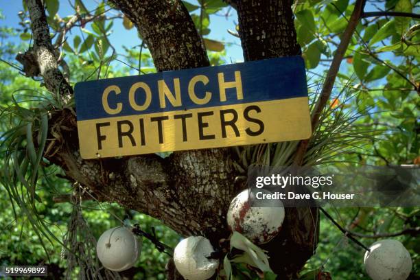 sign advertising conch fritters - bimini stock pictures, royalty-free photos & images