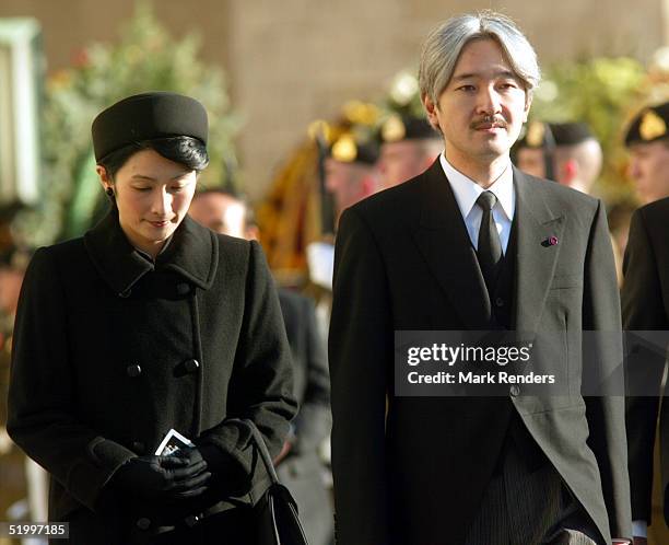 Prince and Princess Akishino from Japan leave the Cathedral after the funeral of the Grand Duchess Josephine Charlotte January 15, 2005 in...