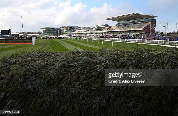 The Chair fence is seen prior to the start of the Crabbie's Grand National Steeple Chase meeting at Aintree Racecourse on April 9, 2016 in Liverpool,...