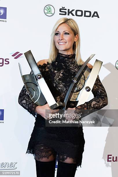 Helene Fischer poses with her awards at the winners board during the Echo Award 2016 on April 7, 2016 in Berlin, Germany.