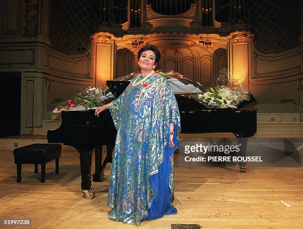 This file picture dated 30 May 1994 shows Spanish opera singer Victoria de los Angeles acknowledging applause during her concert in Paris. Victoria...