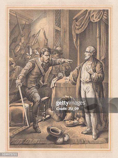 assassination of gaspard de coligny ii by henry i (1572). - mass murder stock illustrations