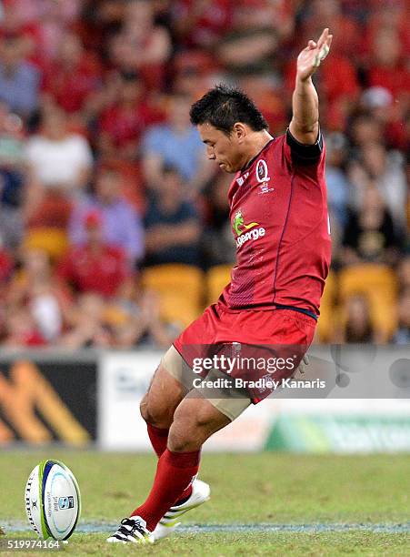 Ayumu Goromaru of the Reds takes a kick for goal during the round seven Super Rugby match between the Reds and the Highlanders at Suncorp Stadium on...