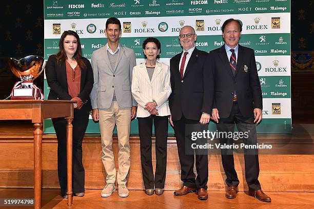 Melanie Antoinette De Massy, Novak Djokovic of Serbia, Baron Elisabeth Ann De Massy, Serge Telle and Zeljko Franulovic pose for a photograph after...