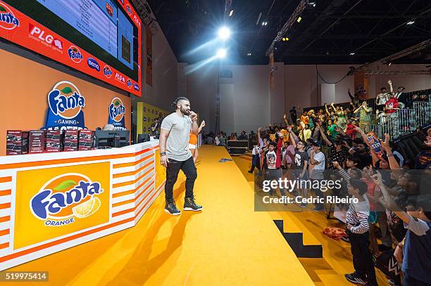 Kris Fade addresses audience during Fanta Masters launch the 2016 season of their award-winning gaming league with EA Sports FIFA 16 and PlayStation...