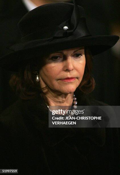 Queen Silvia of Sweden listens to a sermon during the funeral of Luxembourg Grand Duchess Josephine-Charlotte at the Notre Dame Cathedral in...