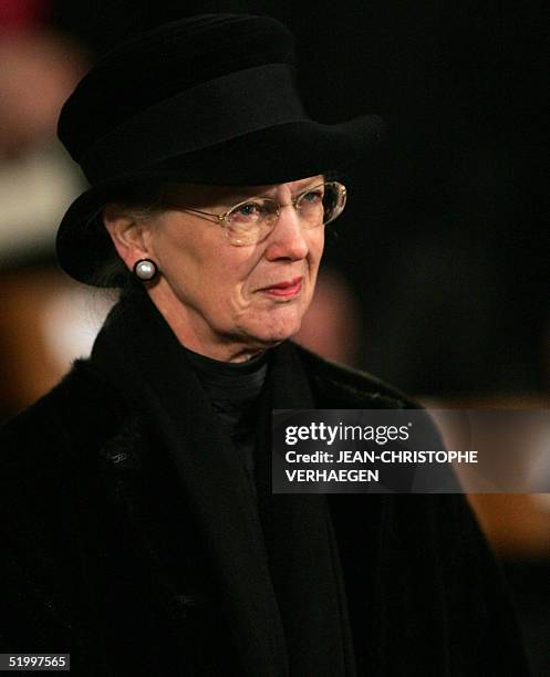 Queen Margrethe of Denmark listens to a sermon during the funeral of Luxembourg Grand Duchess Josephine-Charlotte at the Notre Dame Cathedral in...