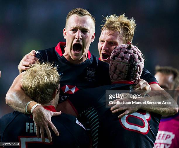 Hong Kong players celebrate during the 2016 Hong Kong Sevens match between Spain and Hong Kong at Hong Kong Stadium on April 9, 2016 in Hong Kong.