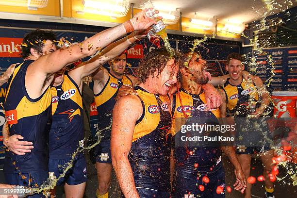 Matt Priddis and Lewis Jetta of the Eagles receive a Gatorade shower after winning the round three AFL match between the West Coast Eagles and the...