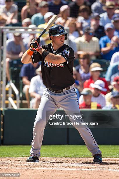 Cole Gillespie of the Miami Marlins bats against the Minnesota Twins during a spring training game on March 11, 2016 at Hammond Stadium in Fort...