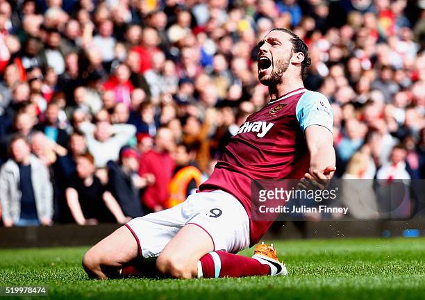 Andy Carroll of West Ham United celebrates scoring his team's second goal during the Barclays Premier League match between West Ham United and...