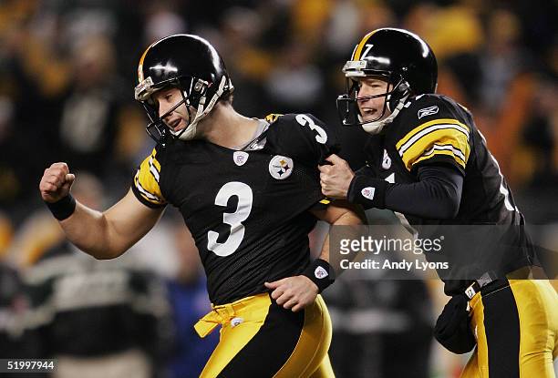 Place kicker Jeff Reed and holder Chris Gardocki of the Pittsburgh Steelers celebrate the game winning field goal against the New York Jets in an AFC...