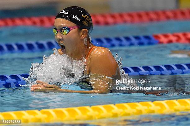 Kanako Watanabe competes in the Women's 200m Breaststroke final during the Japan Swim 2016 at Tokyo Tatsumi International Swimming Pool on April 9,...