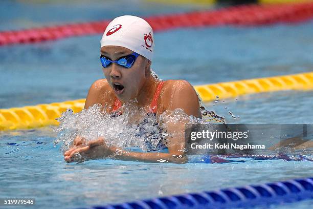 Runa Imai competes in the Women's 200m Breaststroke final during the Japan Swim 2016 at Tokyo Tatsumi International Swimming Pool on April 9, 2016 in...