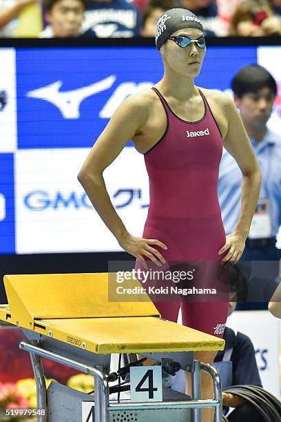 Rie Kaneto looks on prior to the Women's 200m Backstroke final during the Japan Swim 2016 at Tokyo Tatsumi International Swimming Pool on April 9,...