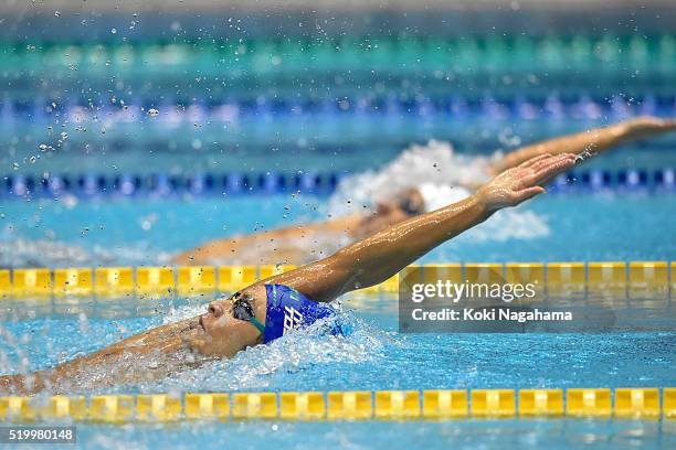 Ryosuke Irie competes in the Men's 200m Backstroke final during the Japan Swim 2016 at Tokyo Tatsumi International Swimming Pool on April 9, 2016 in...