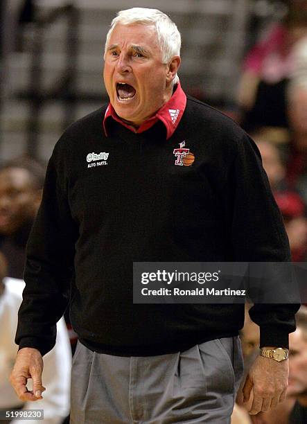 Head coach Bob Knight of the Texas Tech Red Raiders yells during a game against the Texas A&M Aggies on January 15, 2005 at the United Spirit Arena...