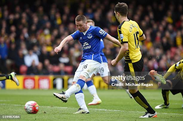 James McCarthy of Everton scores his team's first goal during the Barclays Premier League match between Watford and Everton at Vicarage Road on April...