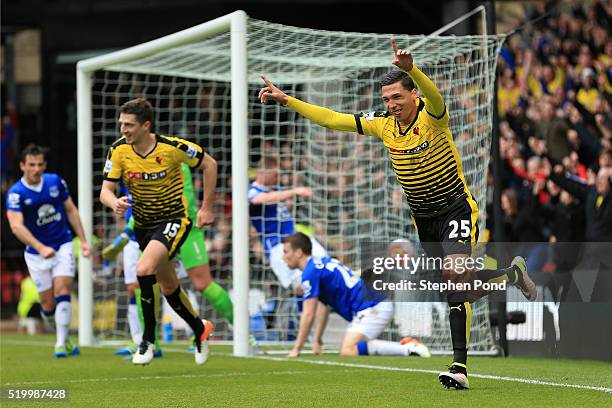 Jose Holebas of Watford celebrates scoring his team's first goal during the Barclays Premier League match between Watford and Everton at Vicarage...