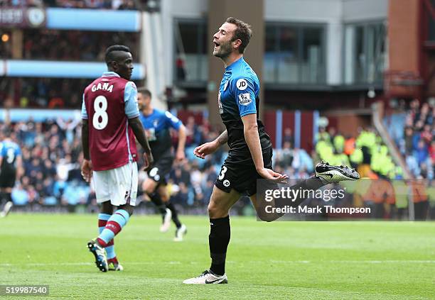 Steve Cook of Bournemouth celebrates scoring his team's first goal during the Barclays Premier League match between Aston Villa and A.F.C....