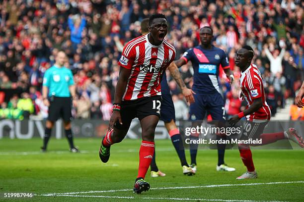 Victor Wanyama of Southampton celebrates scoring his team's third goal during the Barclays Premier League match between Southampton and Newcastle...