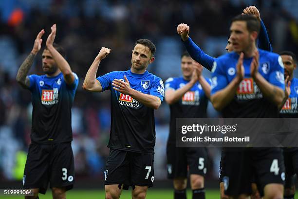 Marc Pugh and Bournemouth players celebrate their 2-1 win in the Barclays Premier League match between Aston Villa and A.F.C. Bournemouth at Villa...