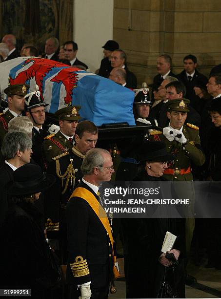 King of Sweden Carl XVI Gustav and Queen Marghrete of Denmark attend the funeral of Luxembourg Grand Duchess Josephine Charlotte, in Notre Dame de...