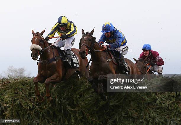 The Last Samuri ridden by David Bass and Vics Canvas ridden by Robert Dunne clear the last fence as eventual winner Rule The World ridden by David...