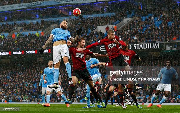 Manchester Citys Argentinian defender Nicolas Otamendi tests West Bromwich Albion defence during the English Premier League football match between...