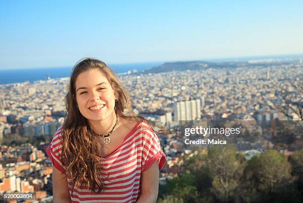 teen portrait with barcelona as a background - barcelona cityscape stock pictures, royalty-free photos & images